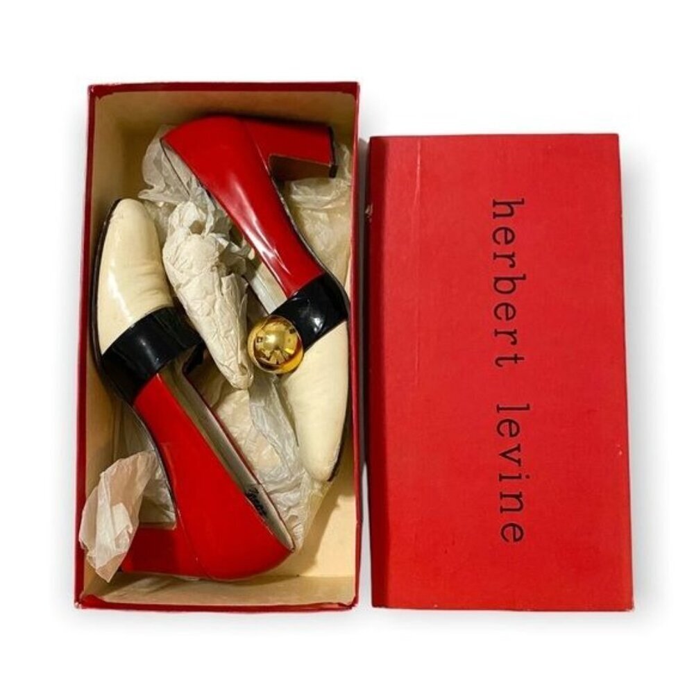 Vintage 1960s Herbert Levine Mod Patent Color Block Pumps Gold Orb Original Box - Picture 16 of 16